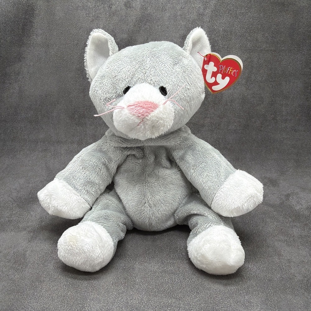 TY Pluffies PURSLEY Gray Cat Sewn Stitched Eyes Plush Stuffed Kitty